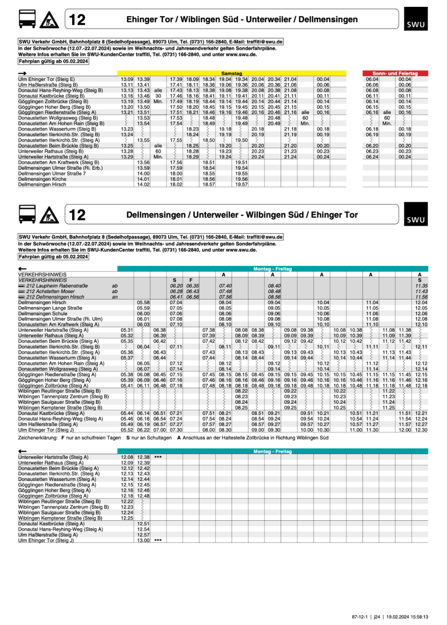 Linienfahrplan 1: Dellmensingen - Ehinger Tor