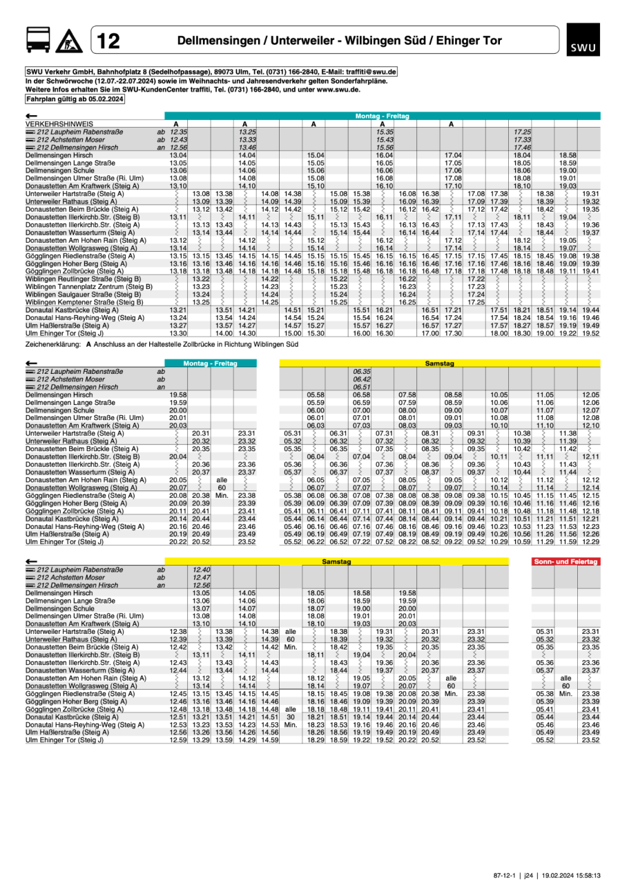 Linienfahrplan 2: Dellmensingen - Ehinger Tor
